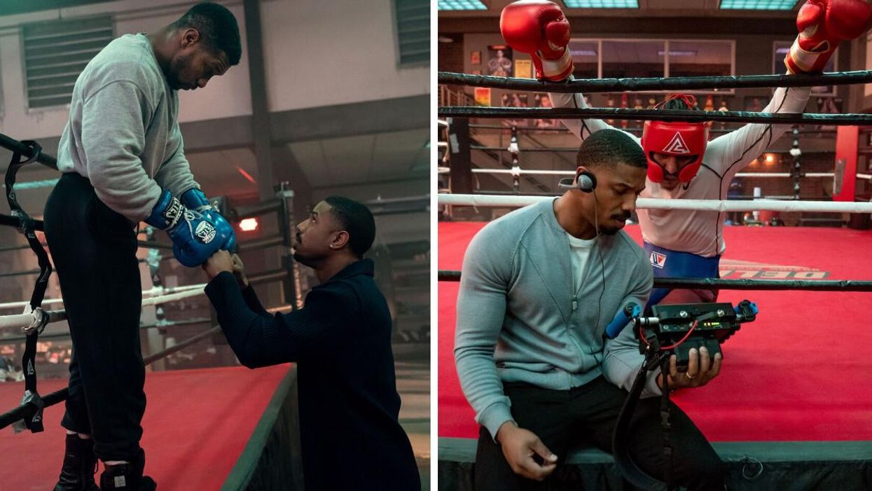 Jonathan Majors and Michael B. Jordan. Right: Director Michael B. Jordan on the set of "Creed III."