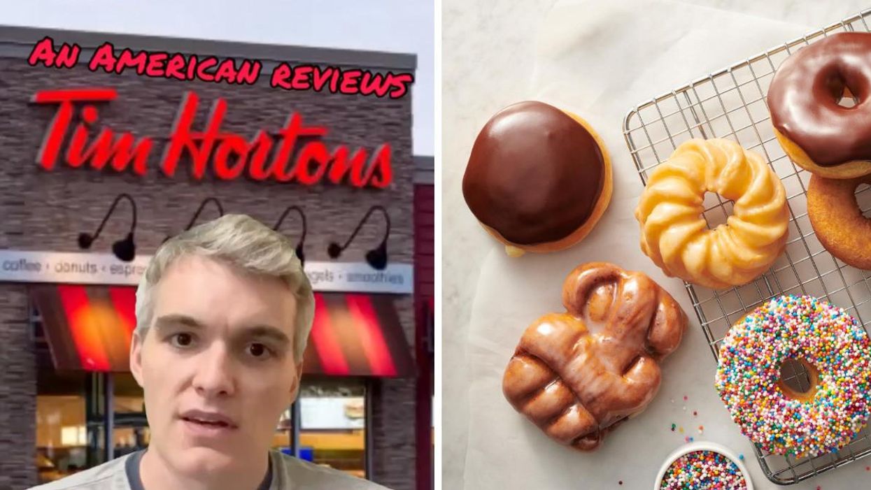 Jonathan Tillson roasting Tim Hortons. Right: Tim Hortons donuts.