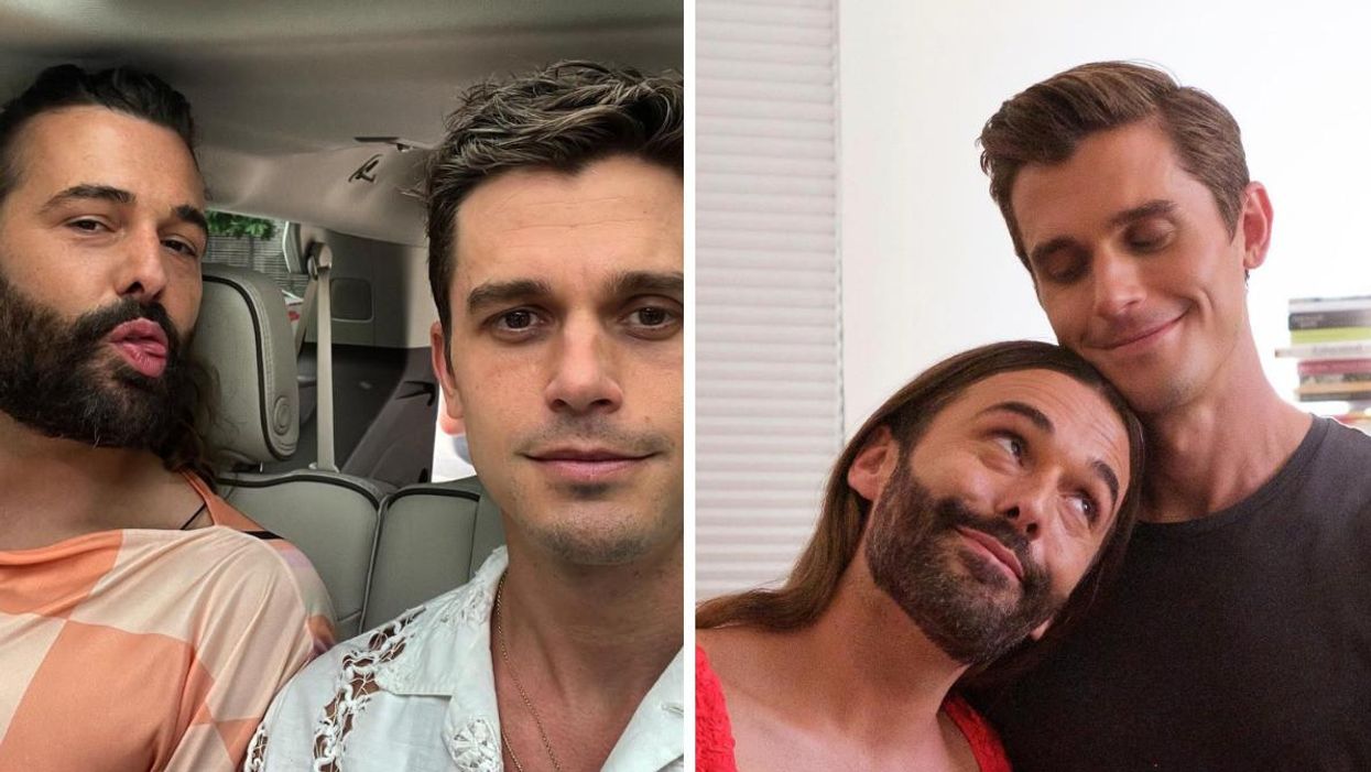Jonathan Van Ness and Antoni in a car. Right: Jonathan Van Ness and Antoni having a cuddle.