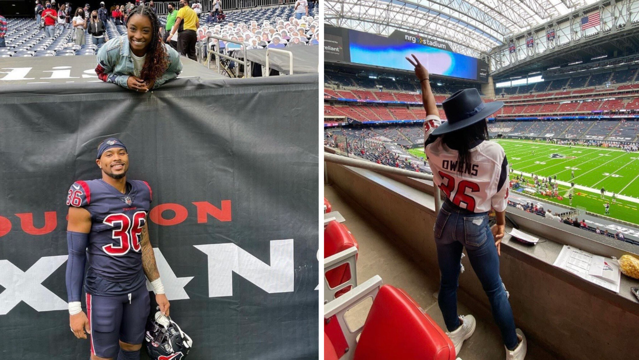 Jonathon Owens and Simone Biles at a Houston Texans game. Right: Biles wearing Owens' jersey at a game.