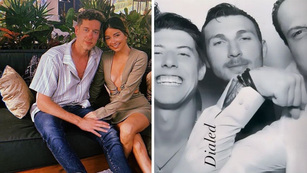 Jordan Binnington and Cristine Prosperi. Right: Mitch Marner and his wedding guests.