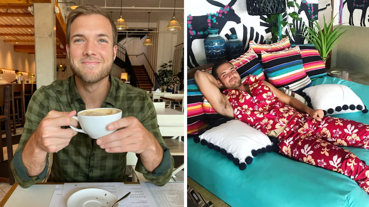 Jordan Kimball with a coffee cup. Right: Jordan Kimball on 'Bachelor In Paradise'.