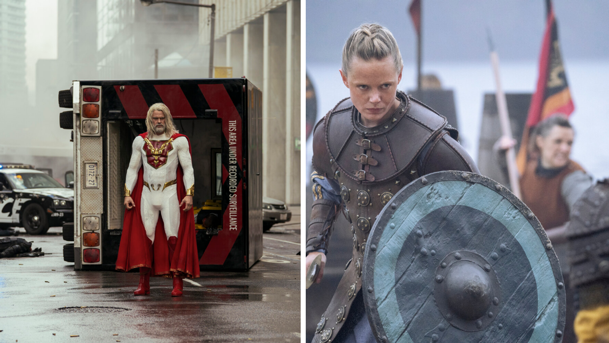 Josh Duhamel in Jupiter's Legacy Netflix series. Right: Woman Viking in battle in Vikings Valhalla show.