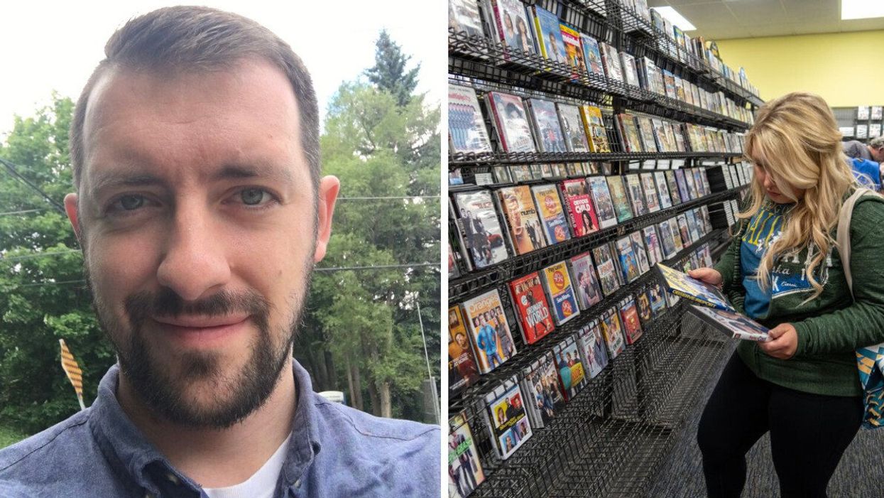 Josh Elliott. Right: A customer at a Blockbuster Video store.
