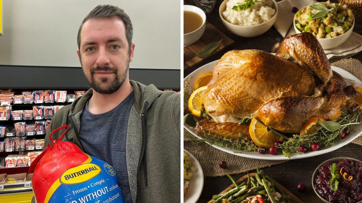 Josh Elliott with a turkey. Right: a roasted turkey with sides.