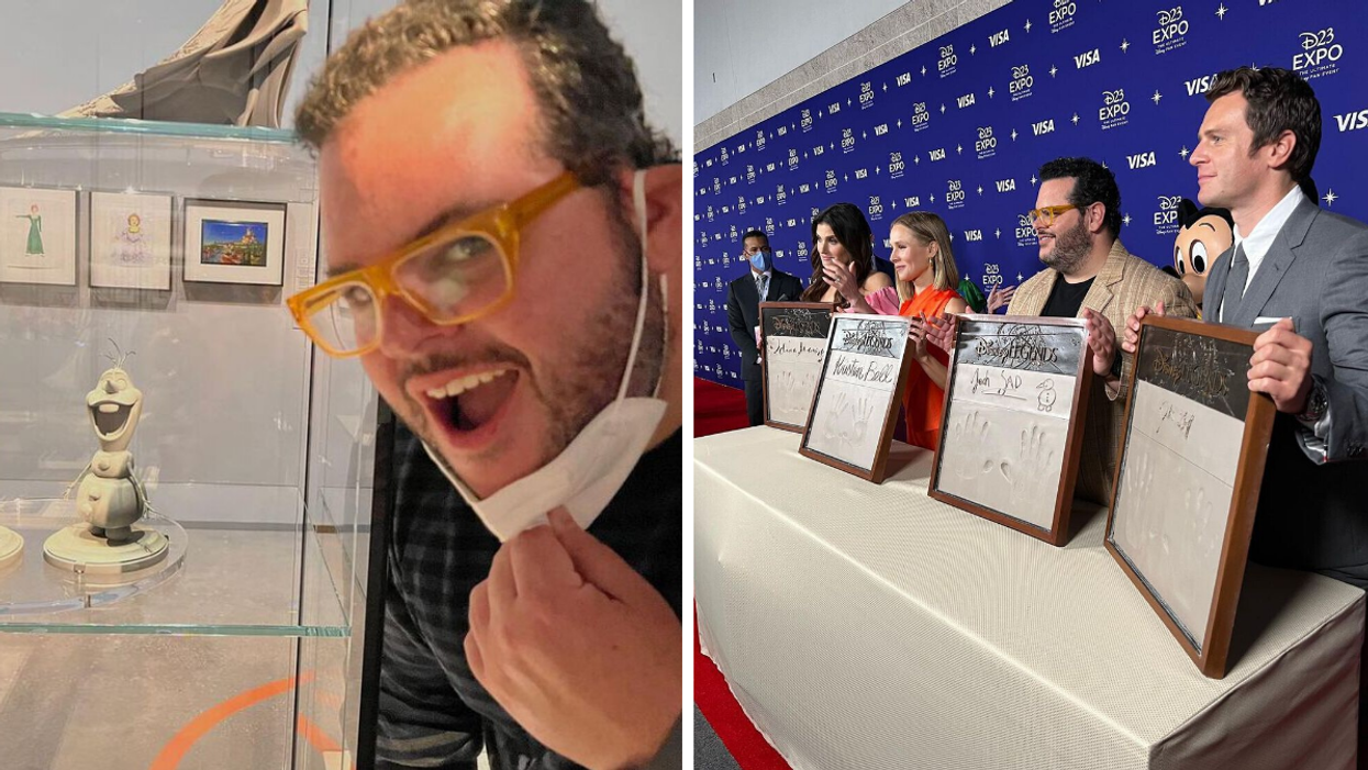 Josh Gad next to an Olaf poster. Right: Josh Gad with the cast of 'Frozen'.