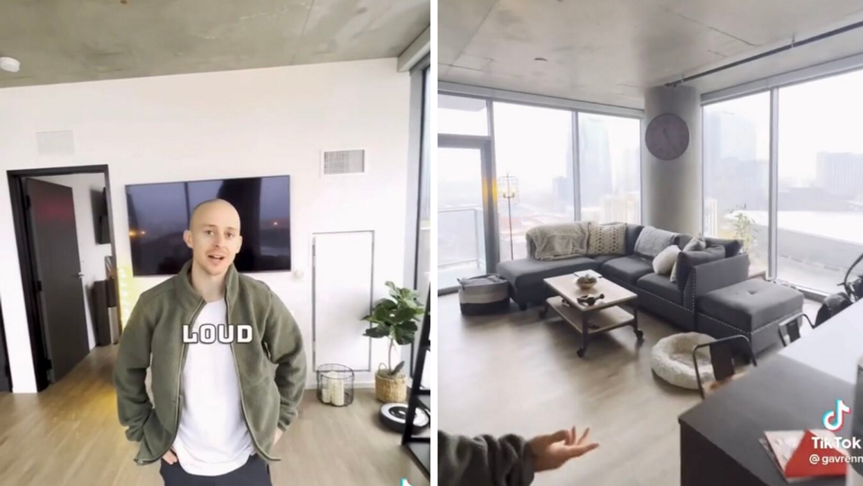 Josh Johnston in the viral TikTok. Right: Johnston's apartment in Nashville, TN.