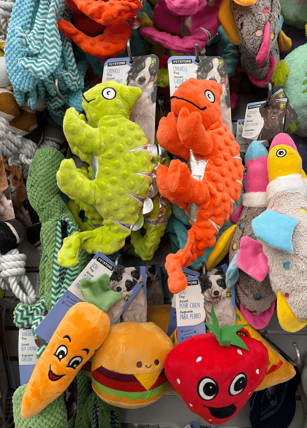Jouets peluches pour chien sur les \u00e9tag\u00e8res du Dollarama.