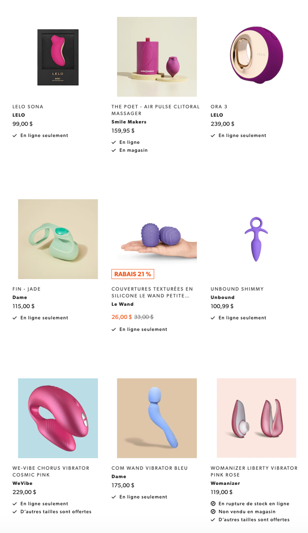 Jouets vendus sur le site Web d'Indigo