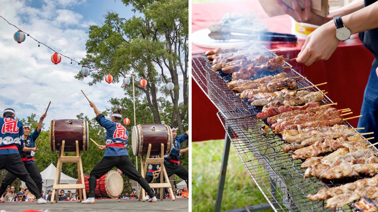 Joueurs de tambours. Droite : Brochettes de viande.
