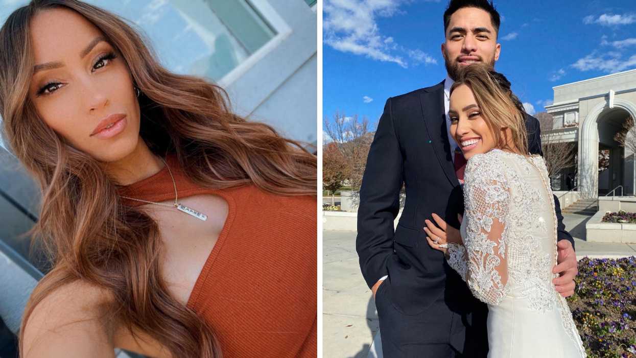Jovi Nicole Te'o in an orange shirt. Right: Jovi Nicole Te'o and Manti Te'o on their wedding day.