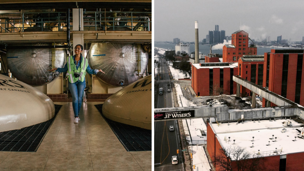 JP Wiser's experience in the Hiram Walker distillery in Windsor Ontario. Right: Aerial view of the distillery.