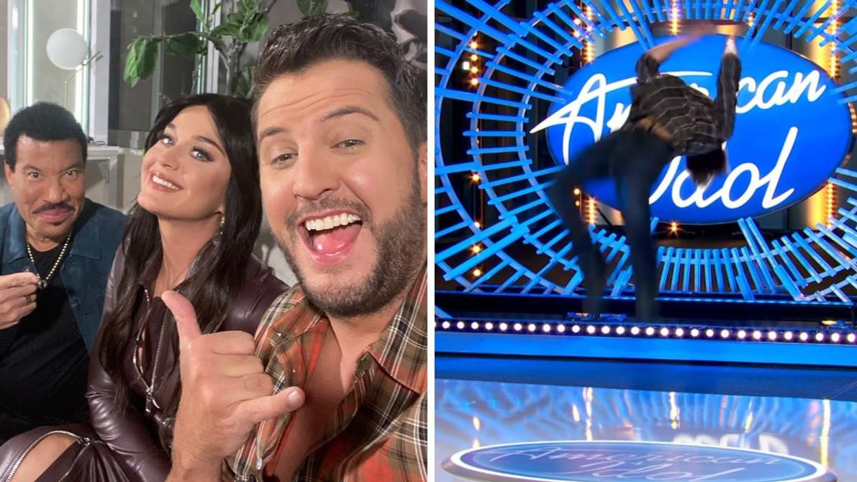 Judges Luke Bryan, Katy Perry, and Lionel Richie all smiling at the camera. Right: Contestant Cameron Whitcomb, doing a backflip at his audition.