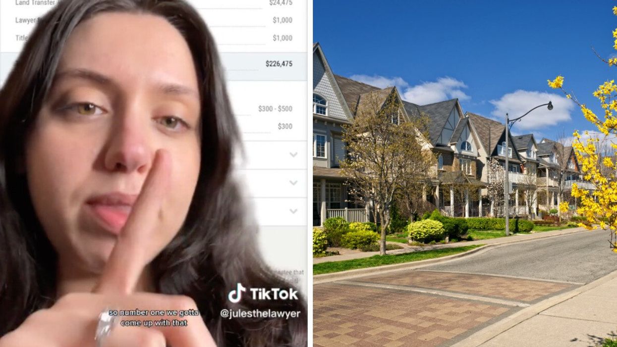 Jules breaking down costs of buying a home. Right: Houses on residential street.