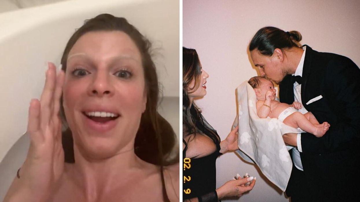 Julia Fox in her TikTok. Right: Julia Fox with her ex and their baby.