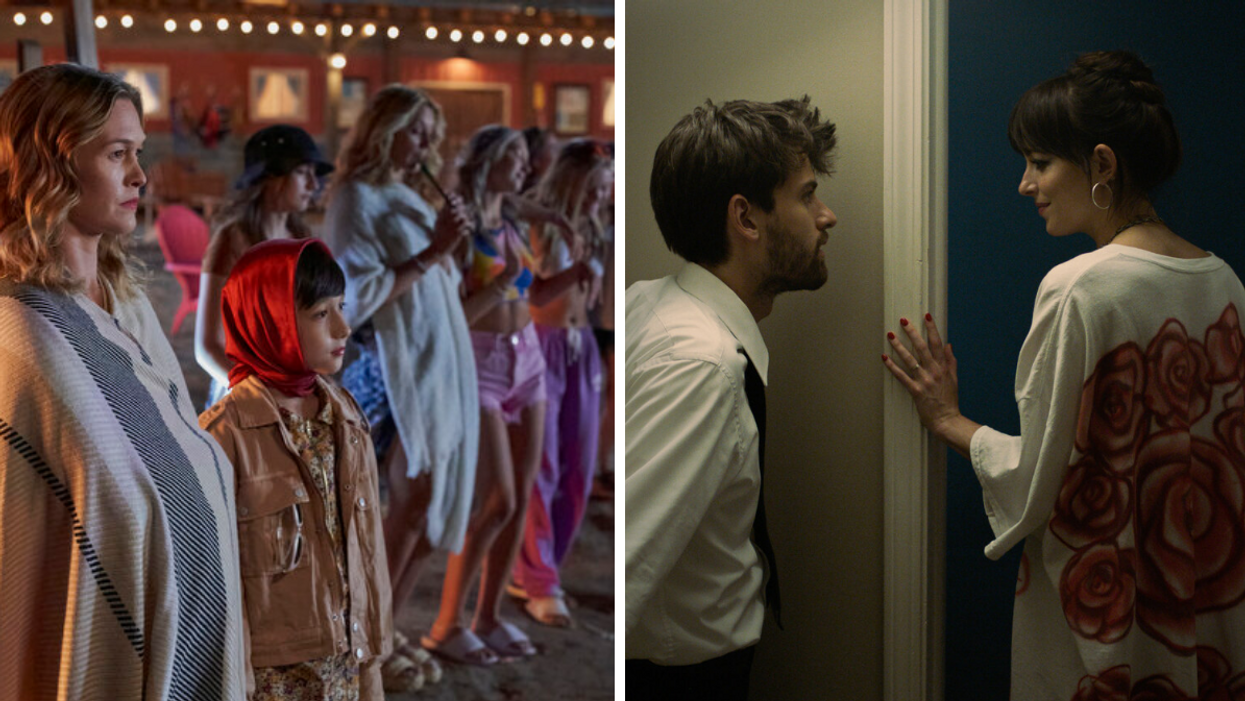 Julia Stiles in "The Lake". Right: Cooper Raiff and Dakota Johnson in "Cha Cha Real Smooth".