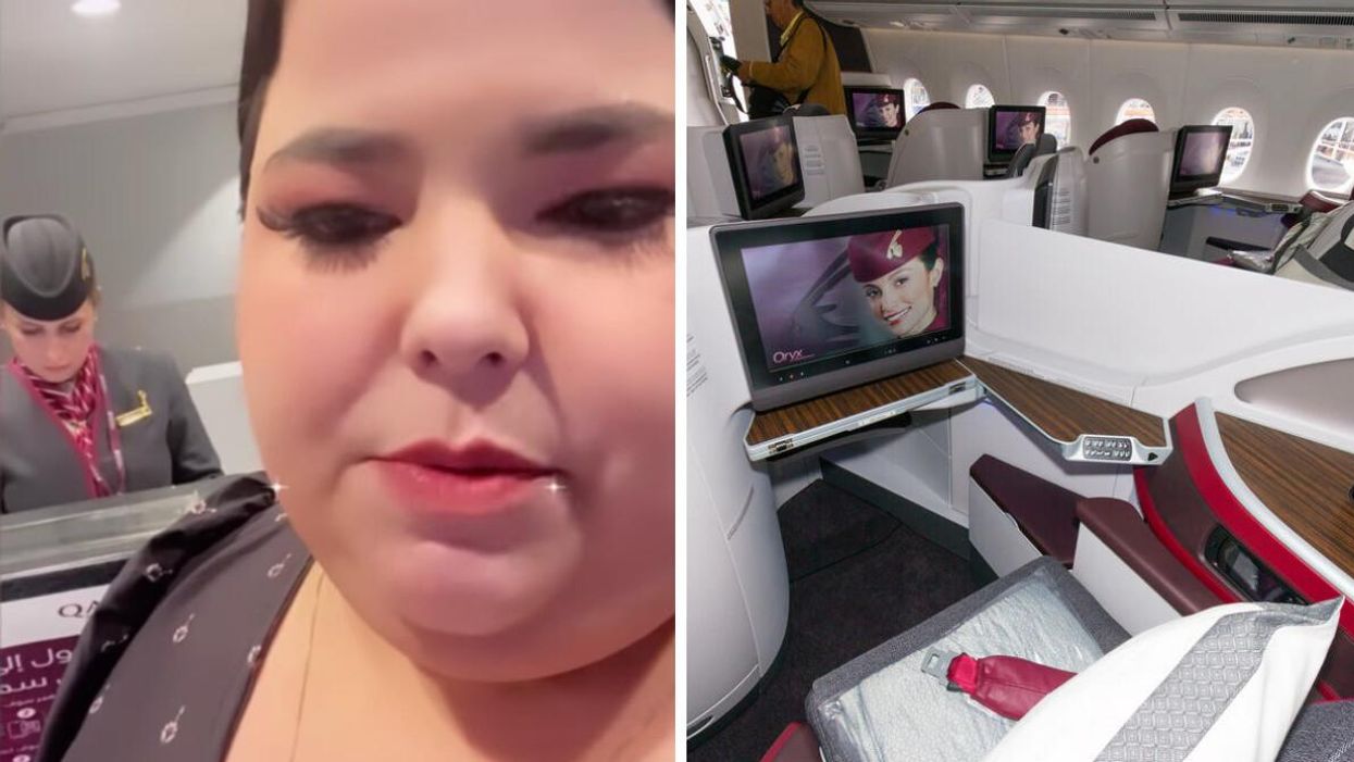 Juliana Nehme in her video. Right: A business class seat on Qatar Airways.