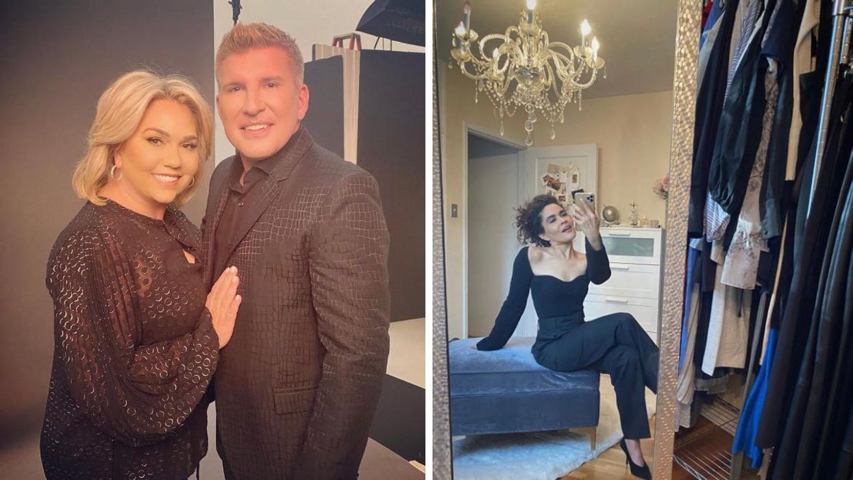 Julie and Todd Chrisley. Right: Actress Ion Overman taking a selfie in a bedroom.