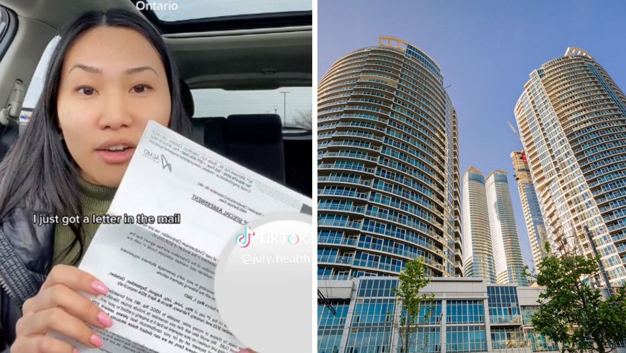 Julie showing her condo fees bill. Right: Condo buildings pictured.