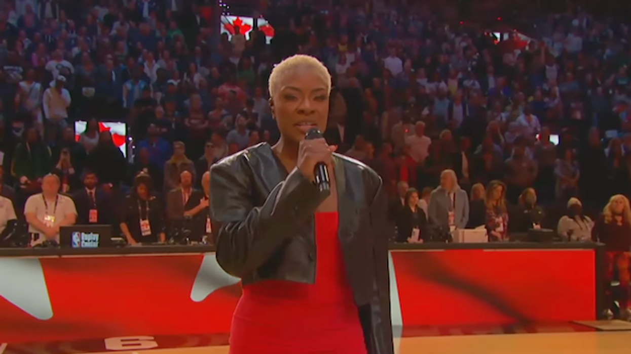 Jully Black singing the Canadian national anthem at the NBA All Star game.