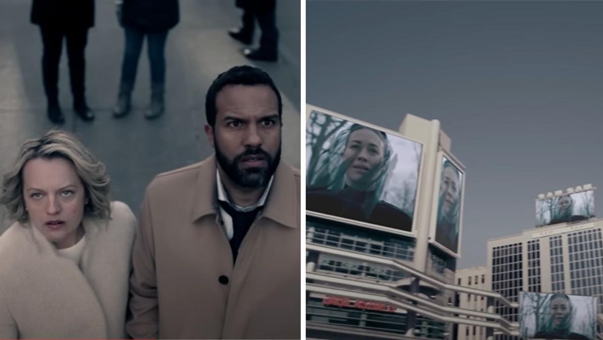 June and Luke in Canada. Right: Serena Joy on a billboard in Toronto.
