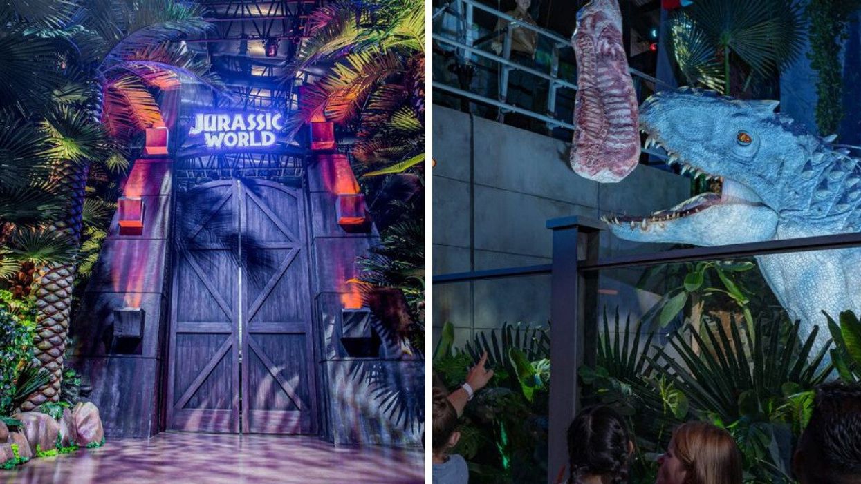 'Jurassic World' gates. Right: Dinosaur eating meat.