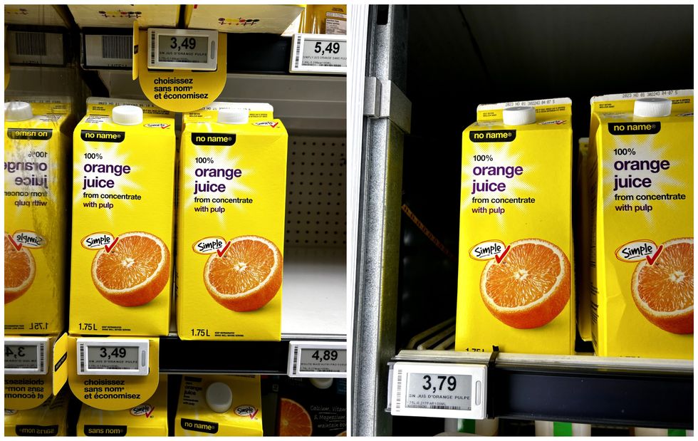 Jus d'orange avec \u200bpulpes Sans nom en vente chez Maxi. Droite : Jus d'orange avec \u200bpulpes Sans nom en vente chez Provigo.