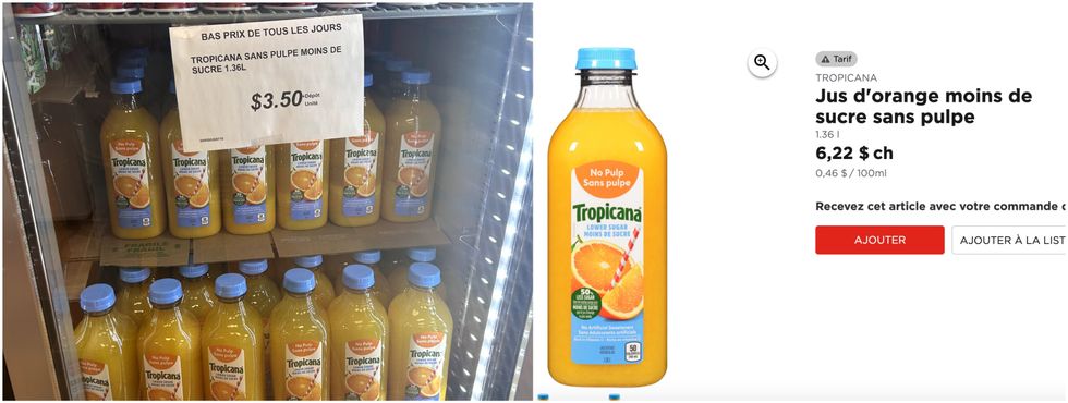 Jus d'orange moins de sucre sans pulpe Tropicana au Liquidation Marie. Droite : Jus d'orange moins de sucre sans pulpe Tropicana sur le site du Maxi.