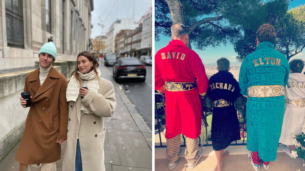 Justin and Hailey Bieber holding hands. Right: Elton John and his family.