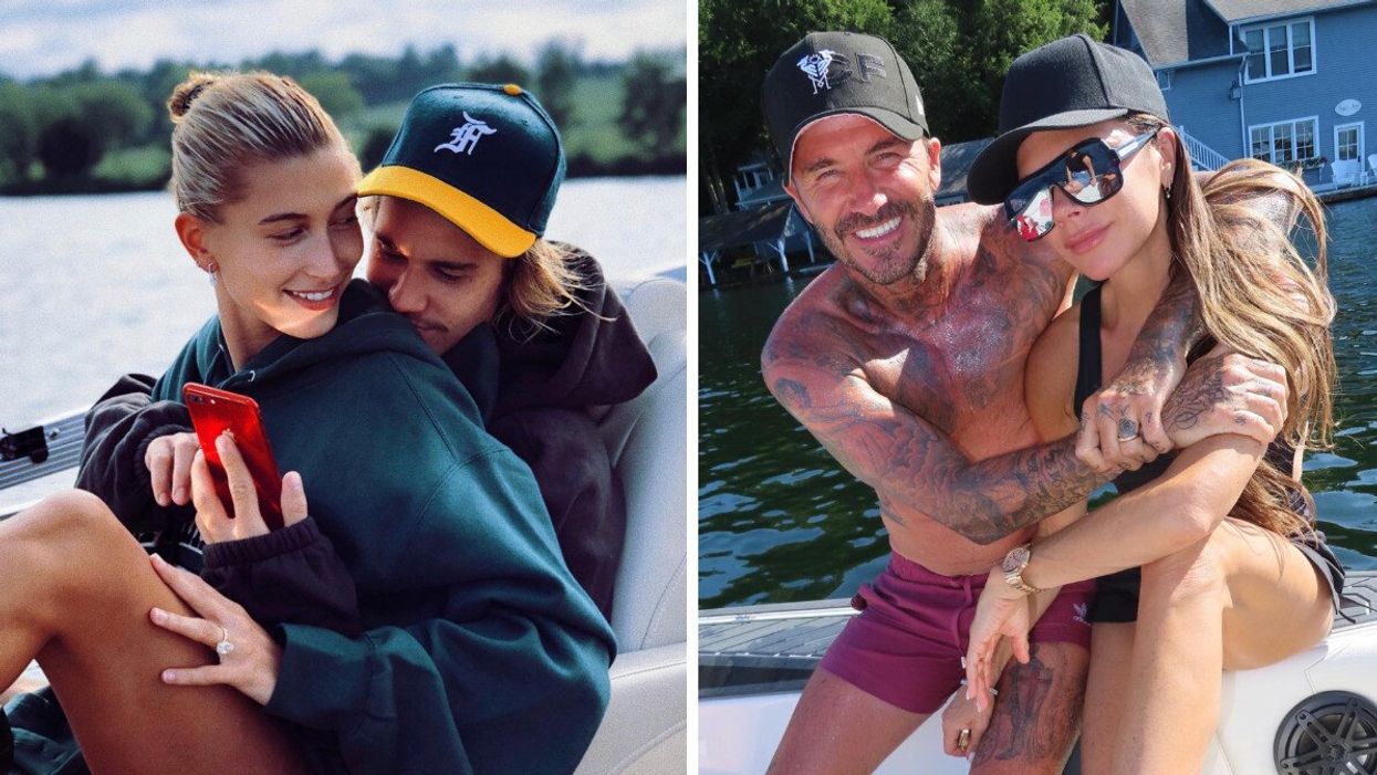 Justin and Hailey Bieber snuggle together on a boat in Ontario's cottage country. Right: David and Victoria Beckham pose for a photo together on a boat in Muskoka.