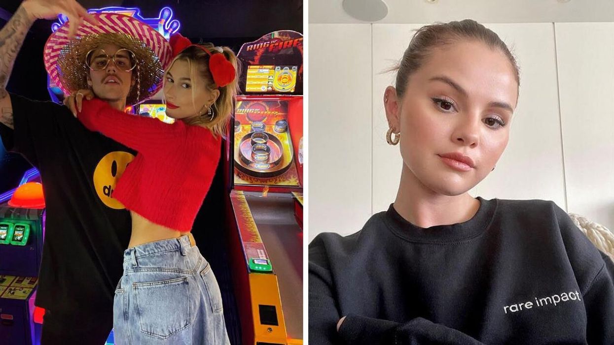 Justin Bieber and Hailey Bieber. Right: Selena Gomez.