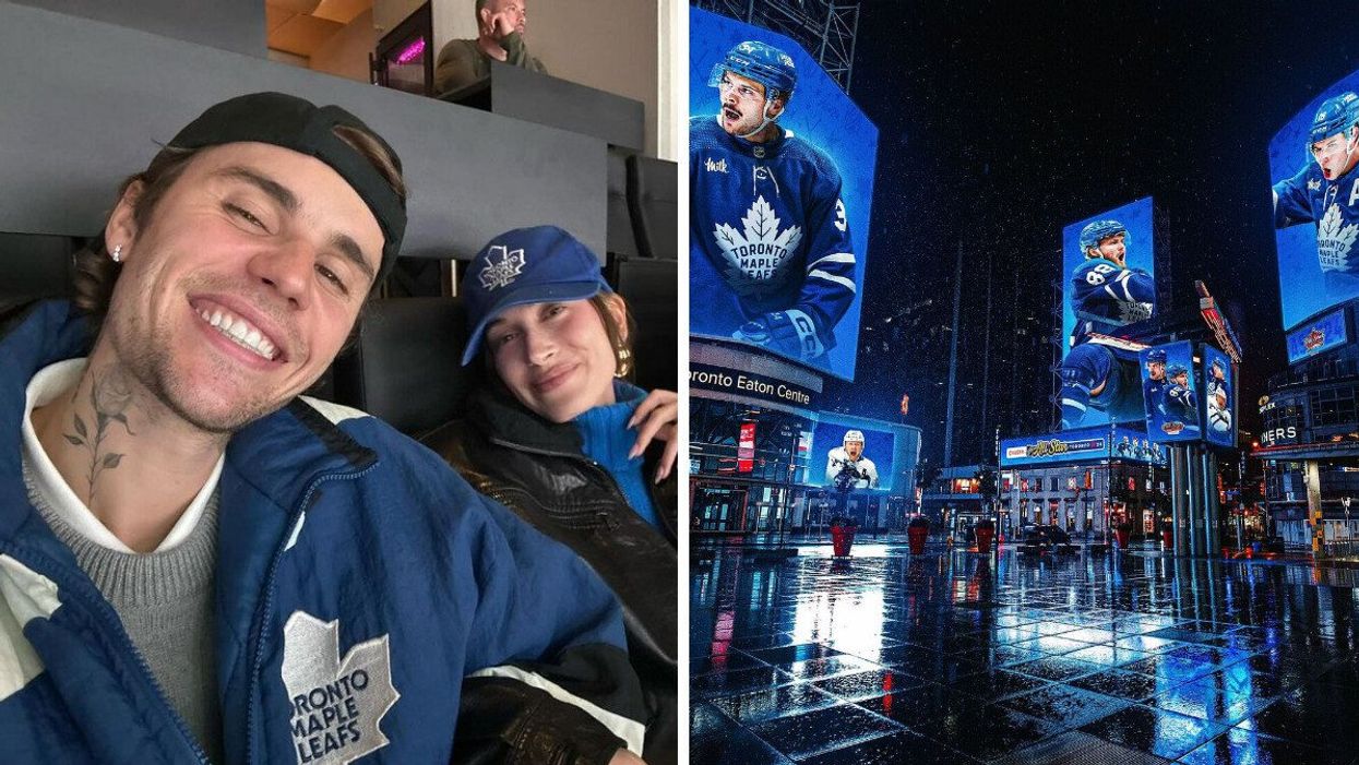 Justin Bieber and Hailey Bieber smiling while wearing Toronto Maple Leafs gear at a hockey game. Right: Yonge-Dundas Square with billboards of Toronto Maple Leafs players.