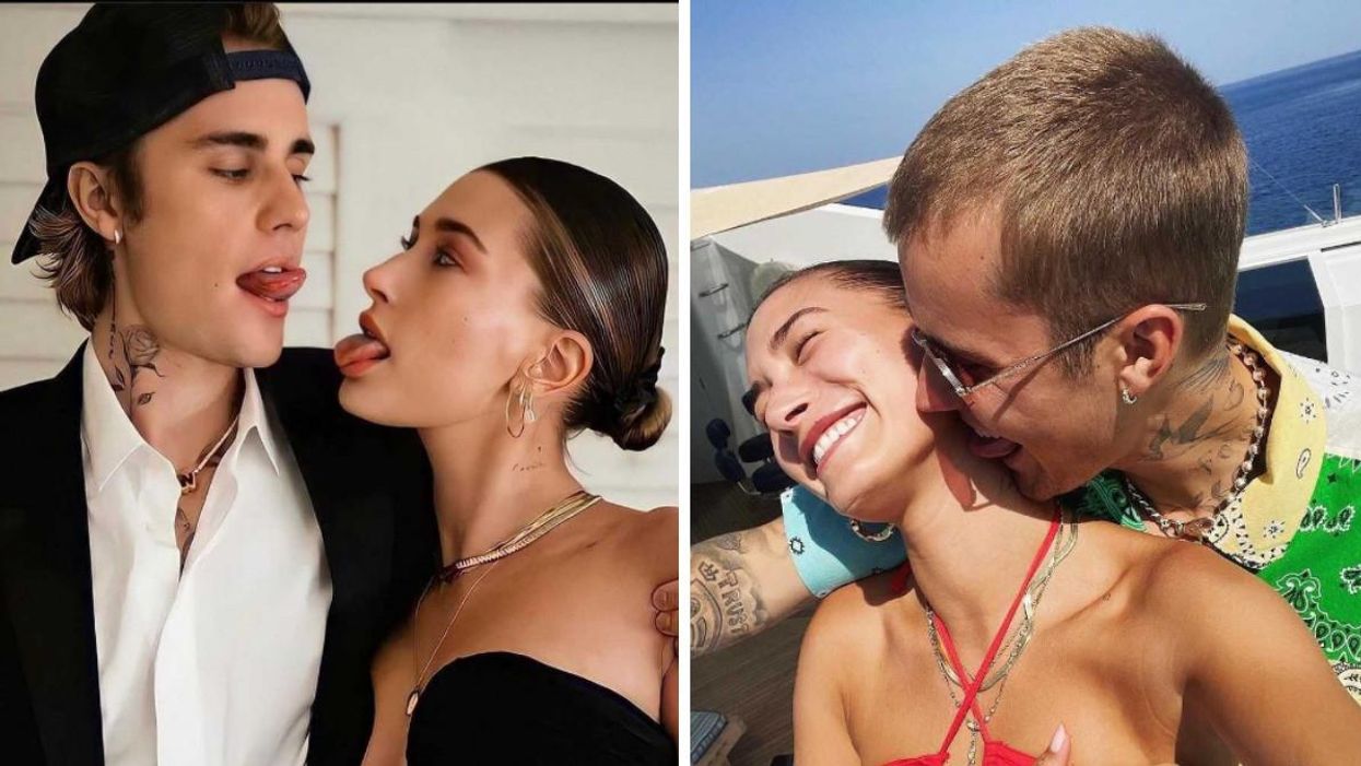 Justin Bieber and Hailey Bieber sticking their tongues out. Right: Justin Bieber licking Hailey Bieber's neck.