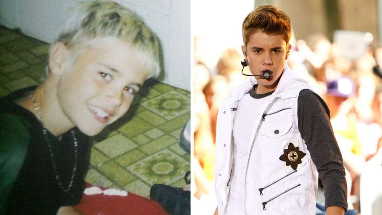 Justin Bieber as a young kid sitting on a floor and smiling at the camera. Right: Justin Bieber performing on stage.