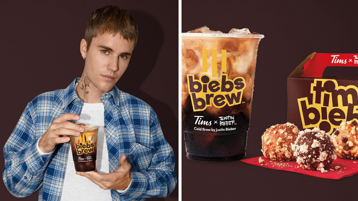 Justin Bieber avec le « Biebs Brew ». Droite : « Biebs Brew » et « Timbiebs »