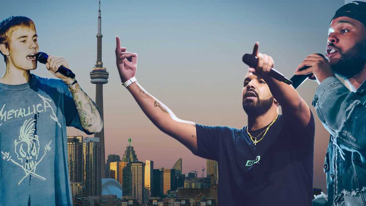 Justin Bieber, Drake and The Weeknd performing on stage with the Toronto skyline in the background.