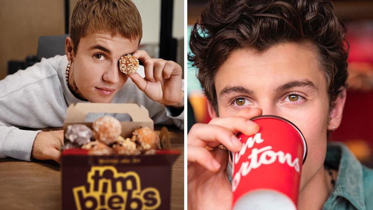 Justin Bieber holding a "Timbiebs" donut. Right: Shawn Mendes drinking a Tim Hortons coffee.