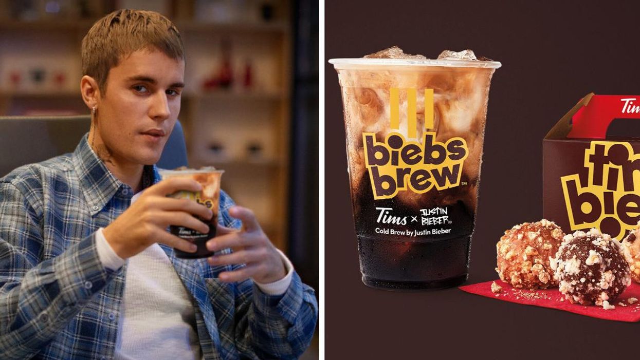 Justin Bieber holding the new Tim Hortons Biebs Brew. Right: Biebs Brew and Timbiebs.