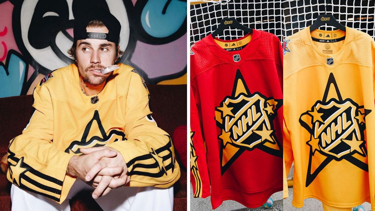 Justin Bieber in a yellow jersey, and with a mouth guard in his mouth. Right: A red and yellow NHL jersey on hangers.