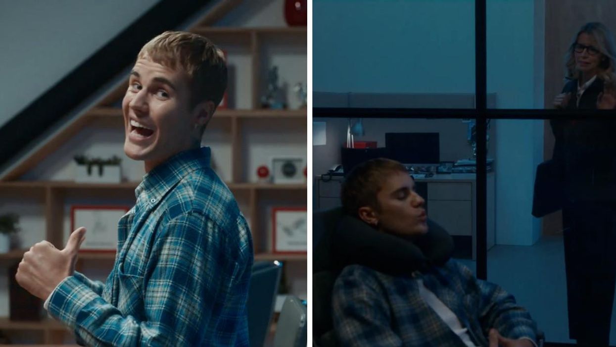 Justin Bieber in the Biebs Brew ad. Right: Bieber sleeping while a Tim Hortons employee looks longingly at him.