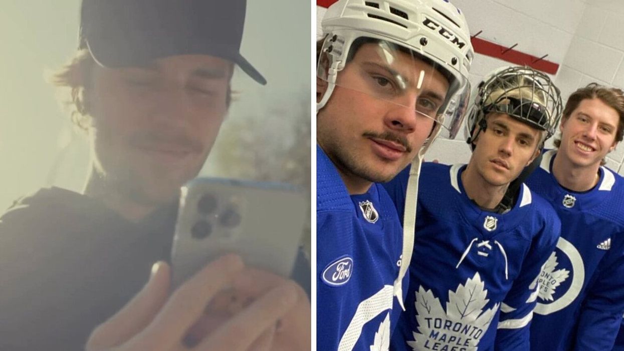 Justin Bieber on his cellphone. Right: Auston Matthews, Justin Bieber and Mitch Marner in Leafs hockey gear.