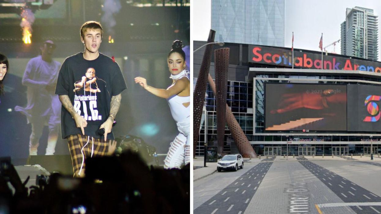 Justin Bieber performing in concert. Right: Scotiabank Arena.