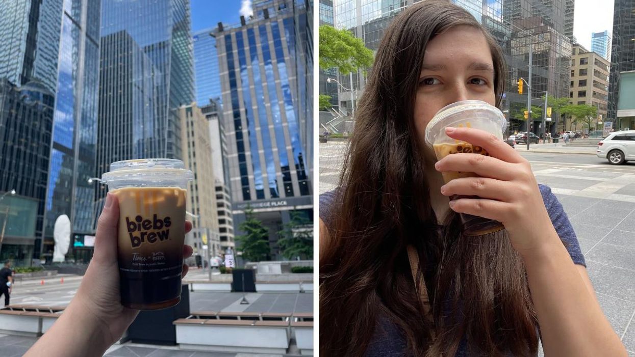Justin Bieber's Biebs Brew from Tim Hortons. Right: Lisa Belmonte drinking Biebs Brew.