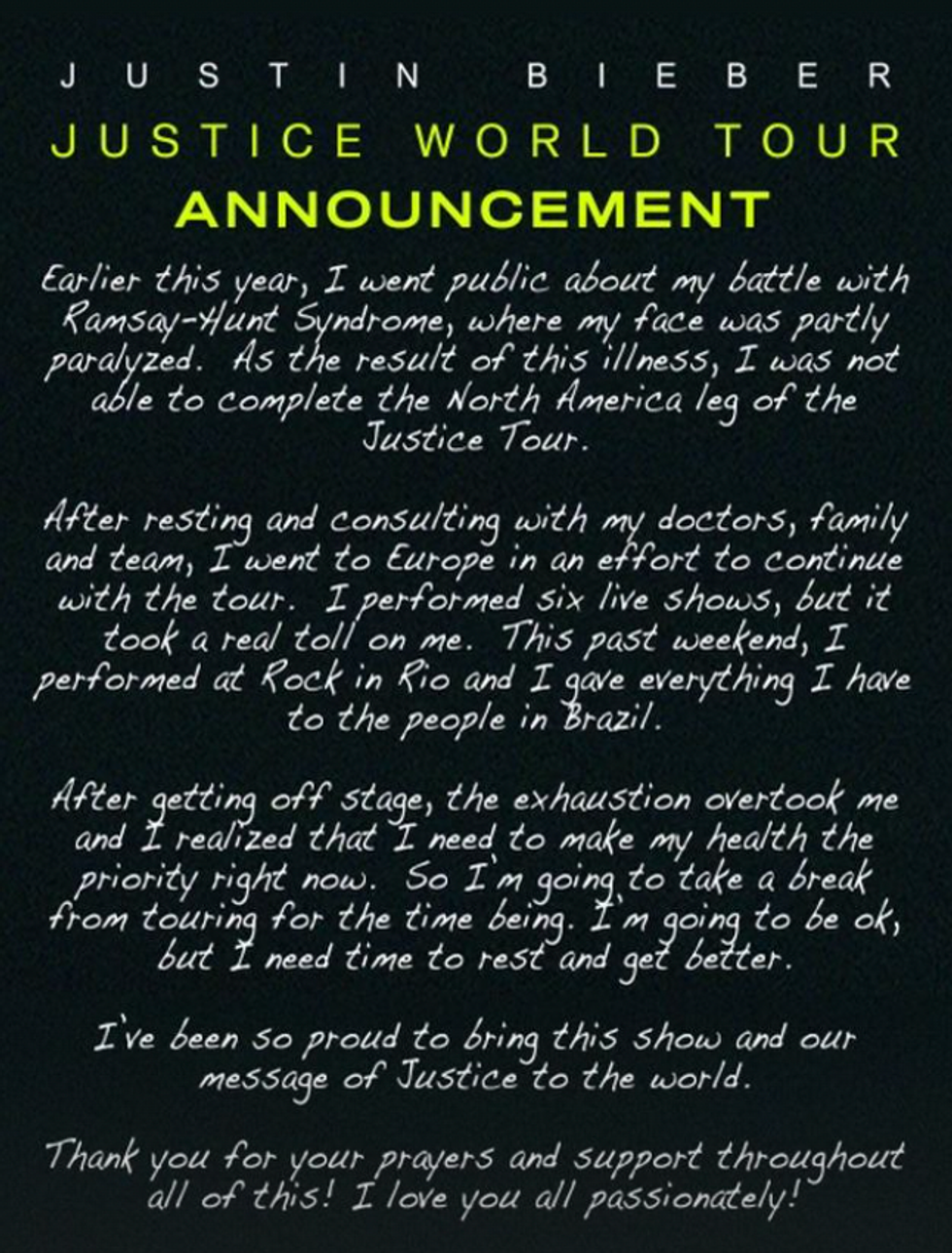 Justin Bieber's message about postponing his tour.