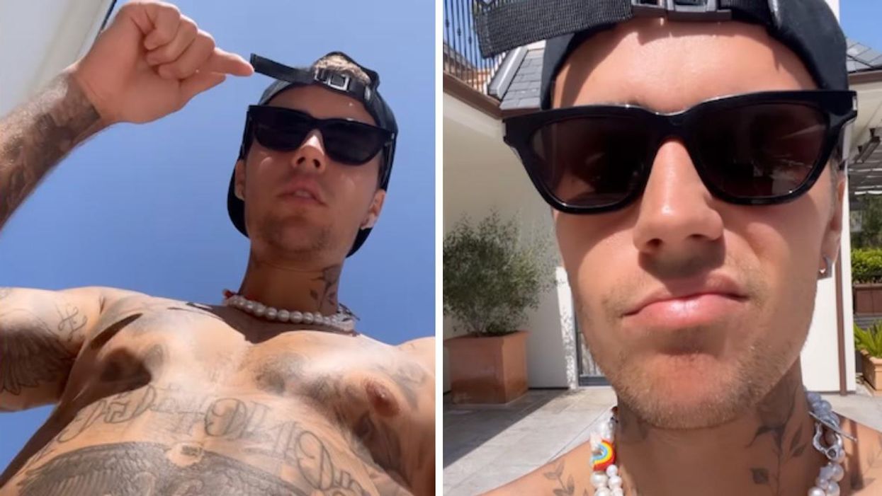 Justin Bieber shirtless. Right: Justin Bieber making a face.