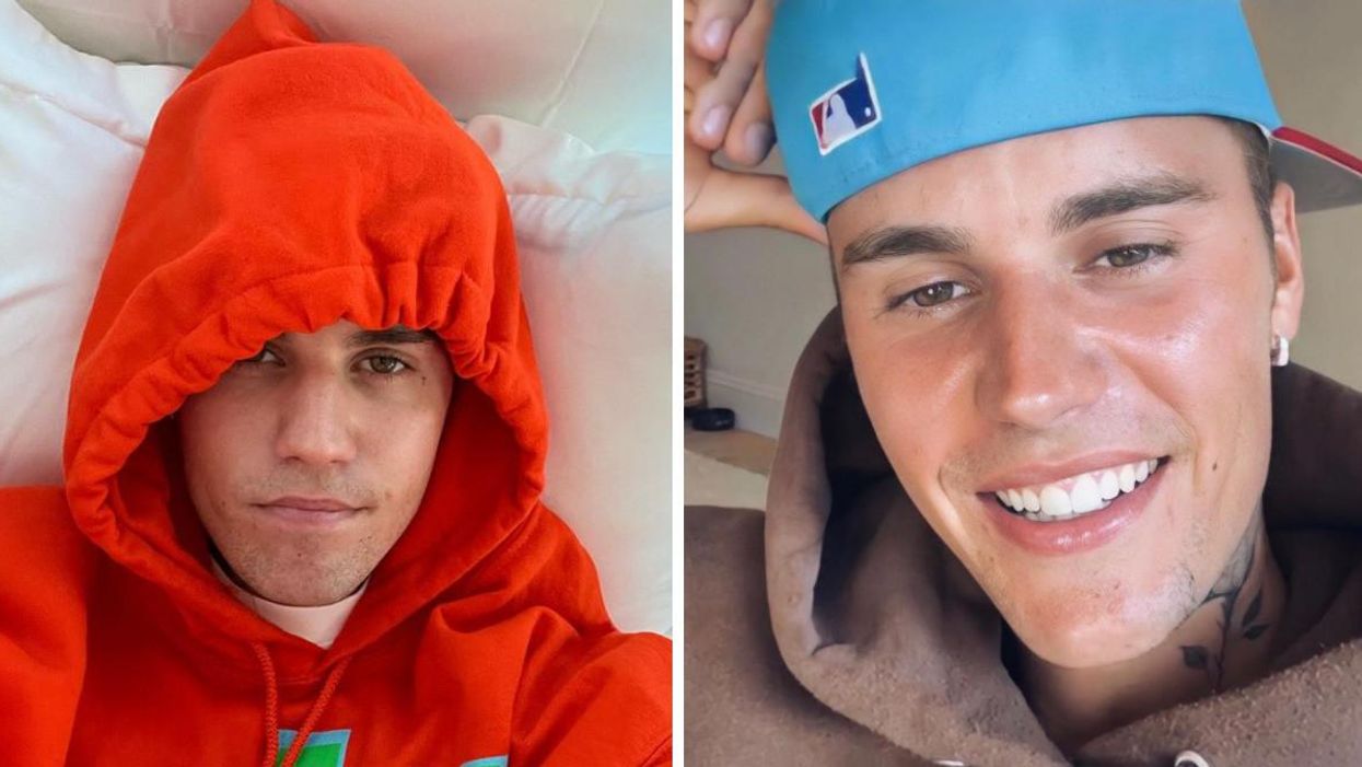 Justin Bieber taking a selfie in bed. Right: Justin Bieber smiling.