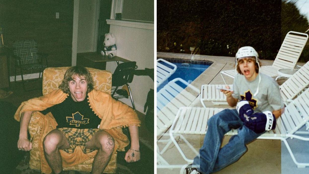 Justin Bieber wearing Toronto Maple Leaf's clothing.
