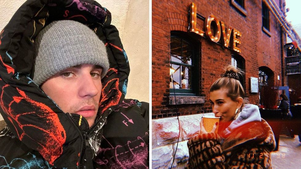 Justin Bieber with a hat and hood on. Right: Hailey Bieber drinking a beverage at Toronto's Distillery District.