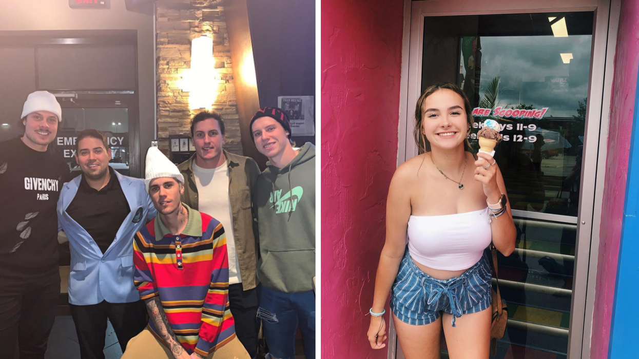 Justin Bieber with hockey players at Boston Pizza. Right: Girl eating Scoopers ice cream.