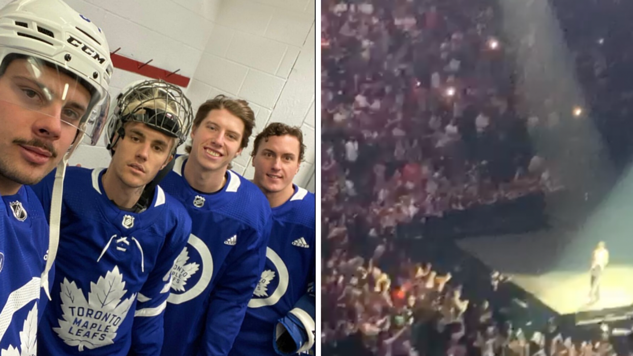 Justin Bieber with the Toronto Maple Leafs. Right: Justin Bieber at his Montreal concert on March 29, 2022.